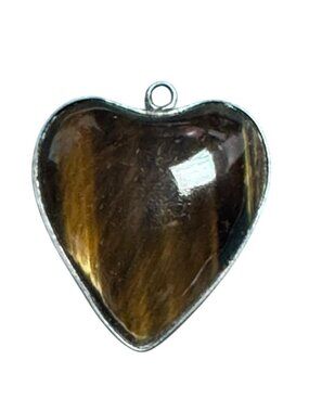 Sterling Silver 925 Heart Pendant Tiger’s Eye Gemstone Polished Brown Gold Stone